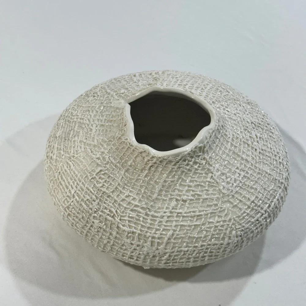 Crate & Barrel Kerr White Textured Ceramic Vase Round Squat 10